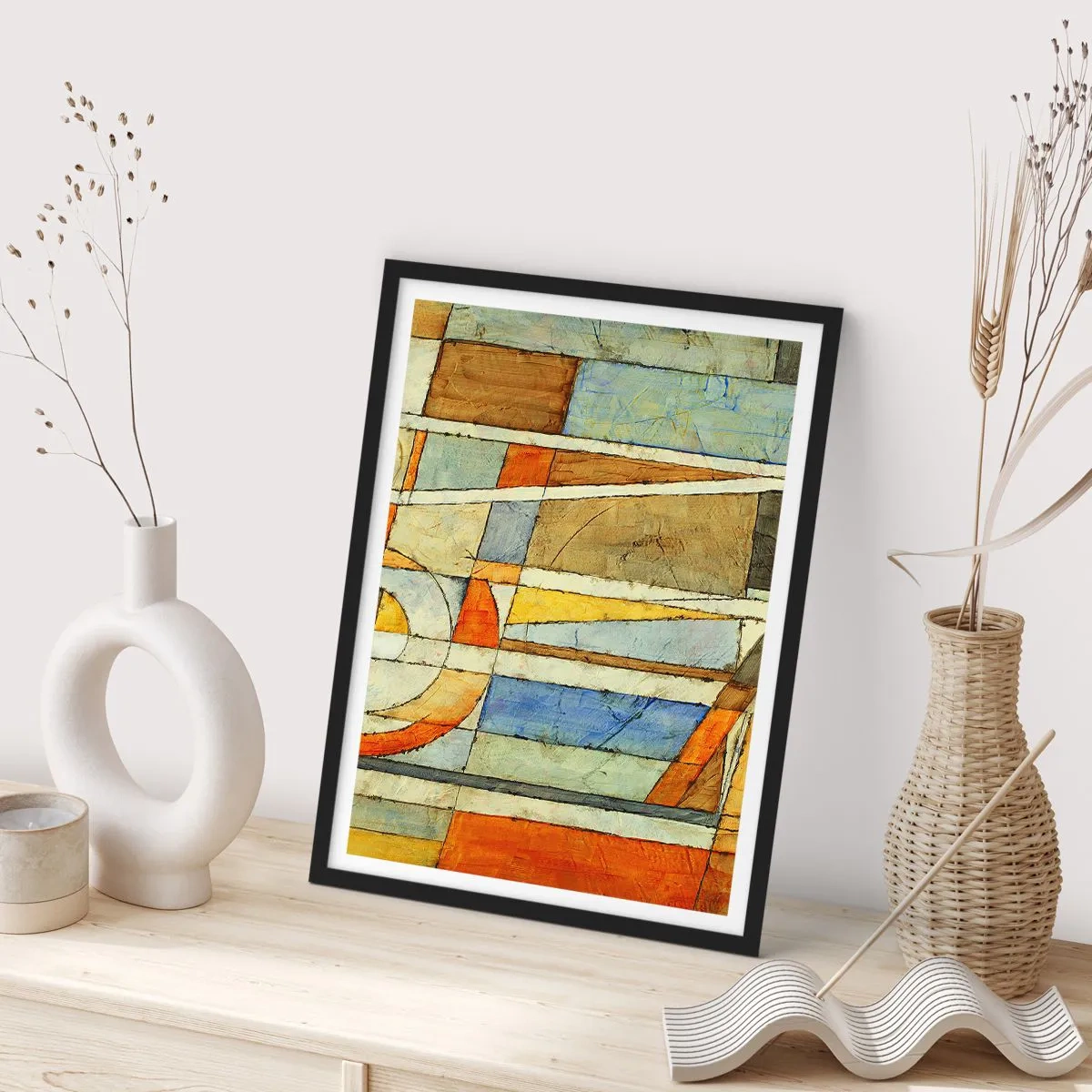 Poster in black frame - Geometric patterns in shades of orange and blue - 50x70cm - Cubism on a Construction Site - Modern wall decoration for the living room and bedroom ARTTOR