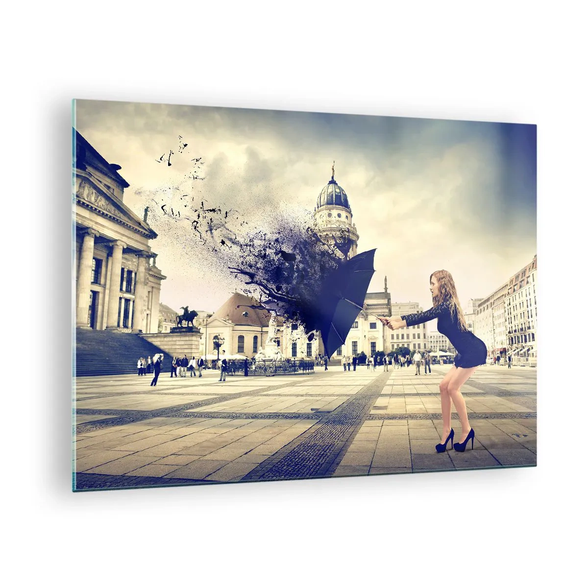 Glass picture - A woman with an umbrella against the backdrop of a city square in an artistic composition - 70x50cm - There Is a Wind... - Modern wall decoration for the living room and bedroom ARTTOR