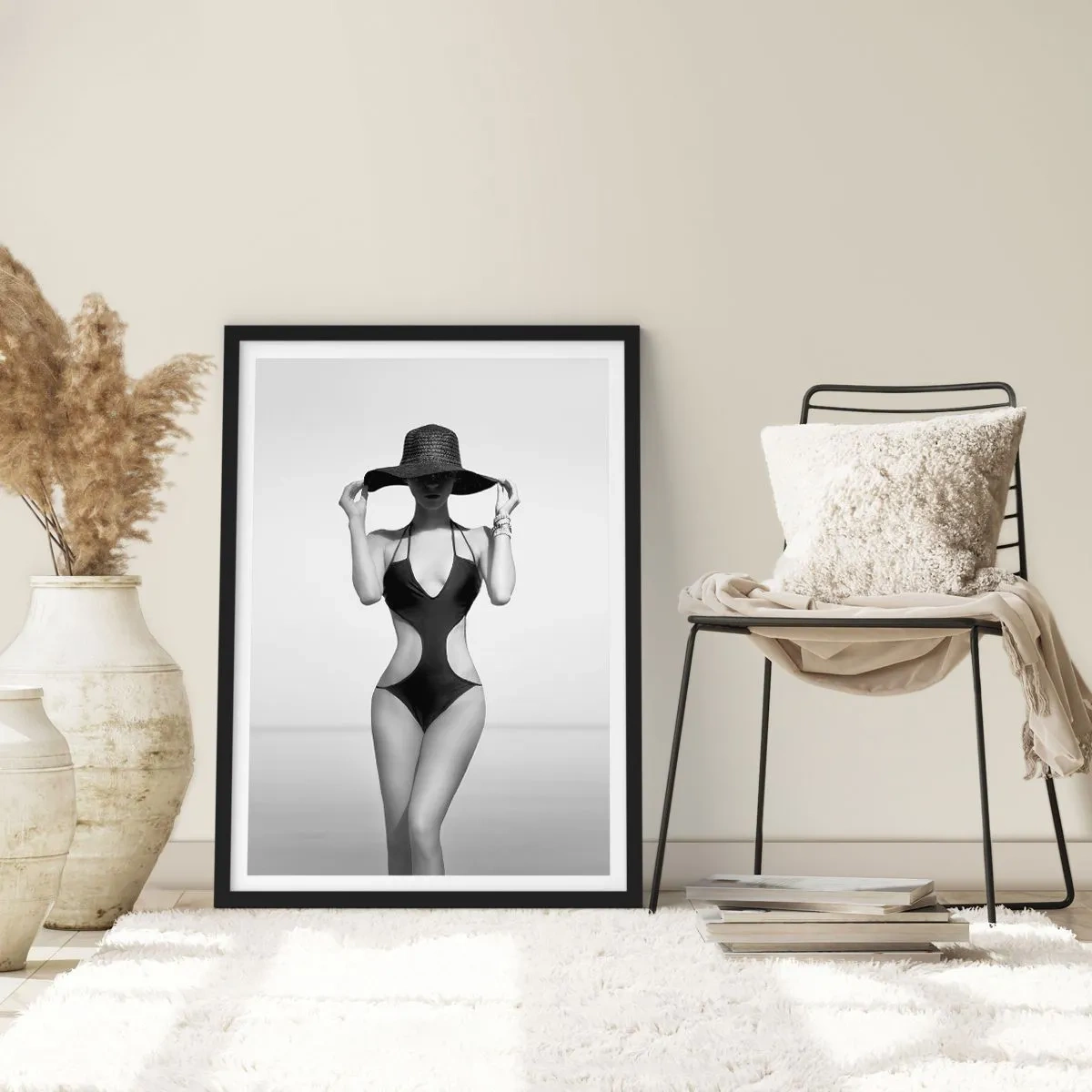 Poster in black frame - Black and white photograph of a woman in a hat and swimsuit - 50x70cm - My Name Is: Elegance - Modern wall decoration for the living room and bedroom ARTTOR