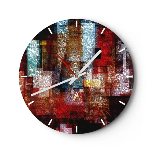 Wall clock - Clock on glass - Abstract compositions in shades of red and gold with a geometric pattern - 30x30cm - Mashed UP - Modern wall decoration for the living room, kitchen, and bedroom ARTTOR