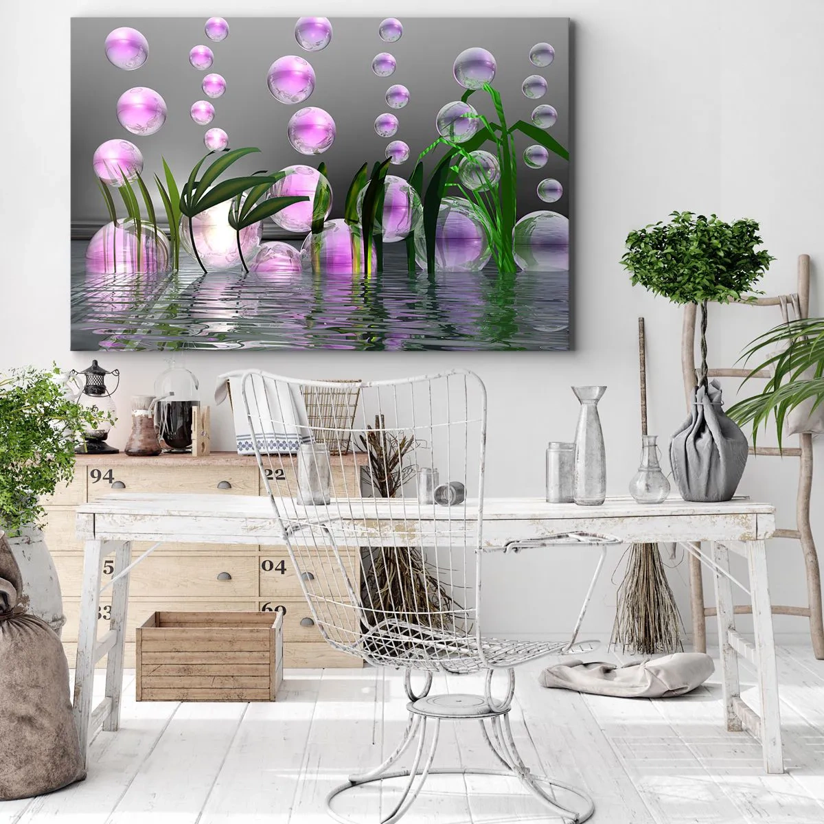 Canvas picture - Green leaves and pink bubbles above the water on a gray background - 70x50cm - Reflexive Composition of Lightness and Life - Modern wall decoration for the living room and bedroom ARTTOR