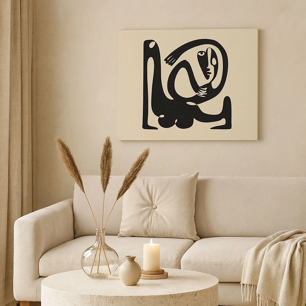 Canvas picture - An abstract figure in black on a beige background - 70x50cm - Almost Picasso - Modern wall decoration for the living room and bedroom ARTTOR