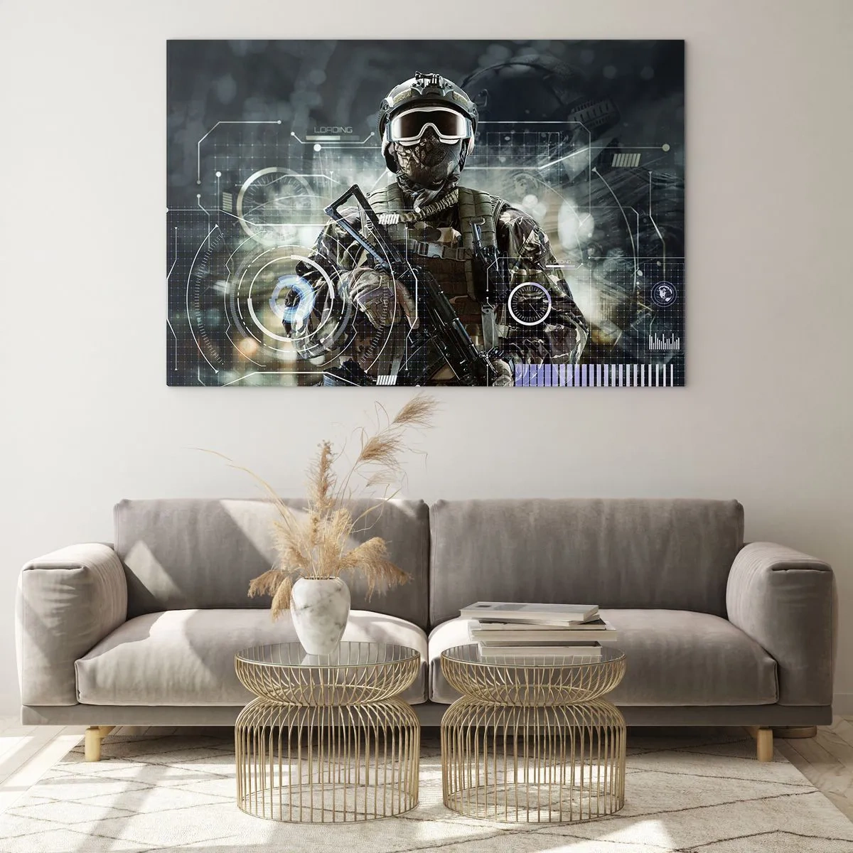 Glass picture - A soldier in tactical gear against the backdrop of a futuristic interface. - 70x50cm - Power Squared - Modern wall decoration for the living room and bedroom ARTTOR