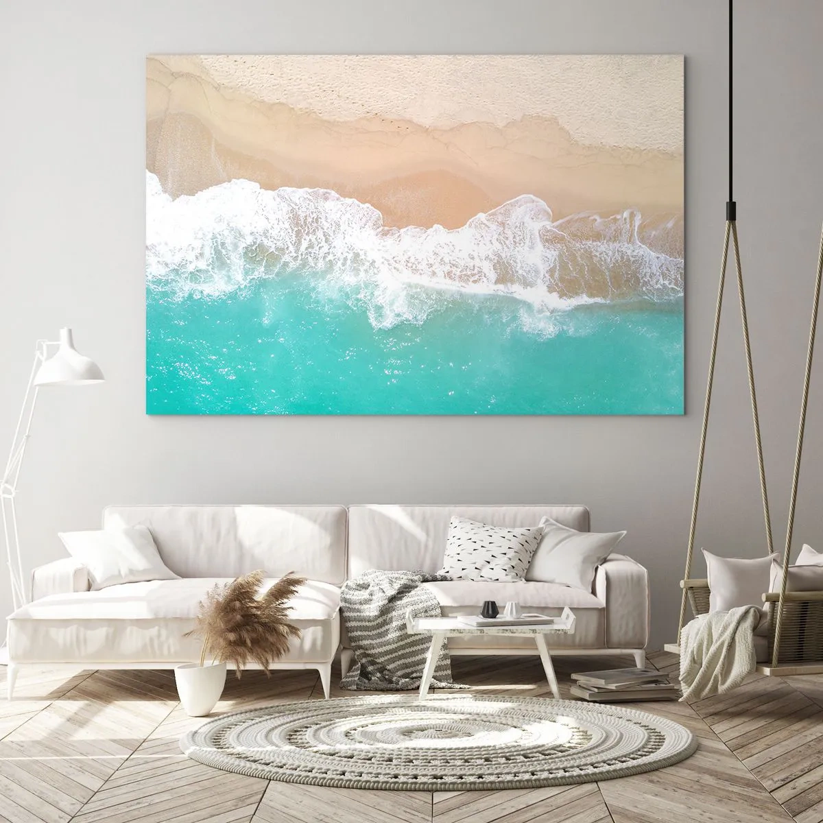 Glass picture - Aerial view of the beach with turquoise water and white waves - 70x50cm - Touch Full of Caress - Modern wall decoration for the living room and bedroom ARTTOR
