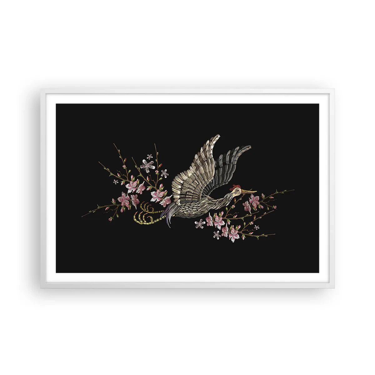 Poster in white frmae - Exotic, Embroidered Bird - 91x61 cm