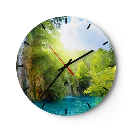 Wall clock - Clock on glass - A waterfall among greenery and blue water - 30x30cm - This Must Be Eden - Modern wall decoration for the living room, kitchen, and bedroom ARTTOR