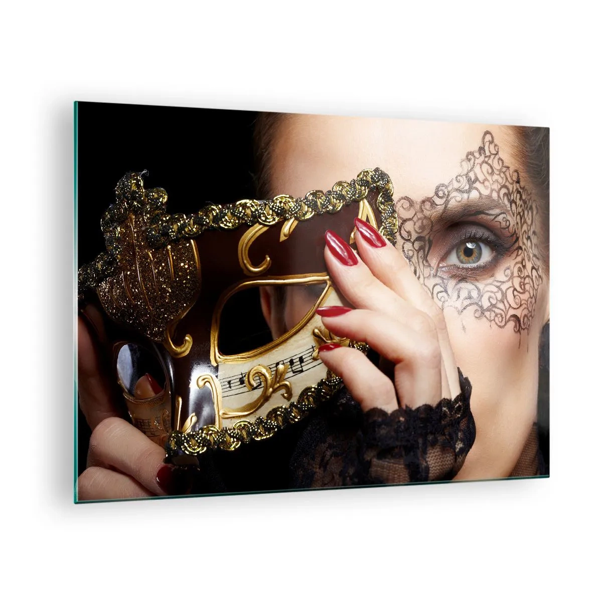 Glass picture - A golden Venetian mask on a woman's face - 70x50cm - My World Is Baroque - Modern wall decoration for the living room and bedroom ARTTOR