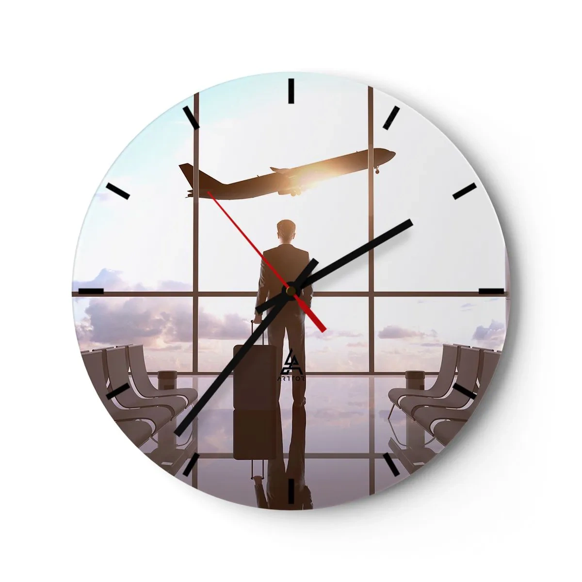 Wall clock - Clock on glass - A traveler in the airport hall with a view of a plane taking off - 30x30cm - You Have Time, Slow Down - Modern wall decoration for the living room, kitchen, and bedroom ARTTOR