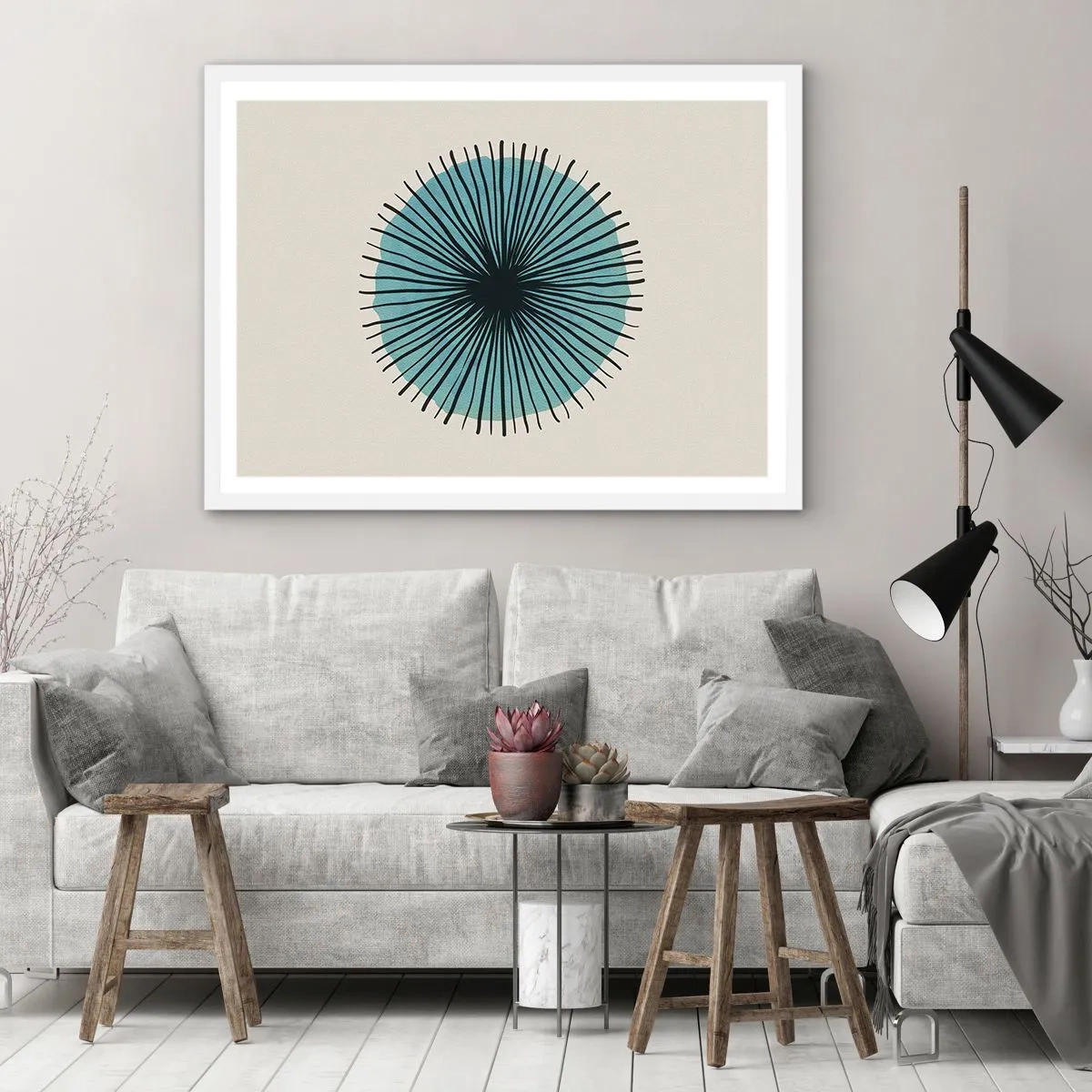 Poster in white frmae - Rays on Blue - 91x61 cm