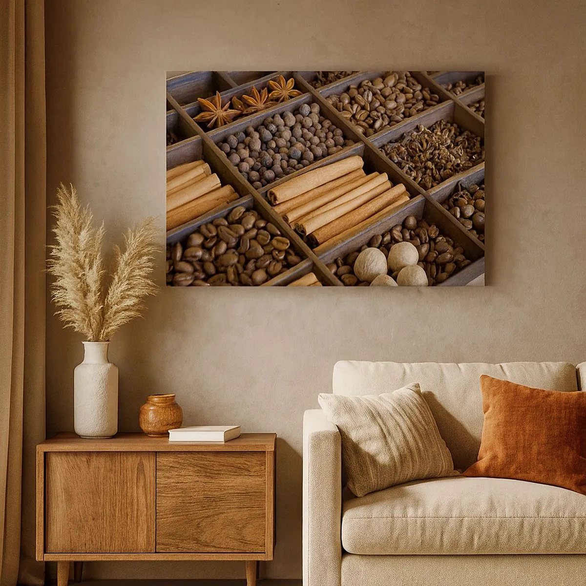 Canvas picture - Spices and coffee in wooden compartments - 70x50cm - Treasury of Aromas - Modern wall decoration for the living room and bedroom ARTTOR