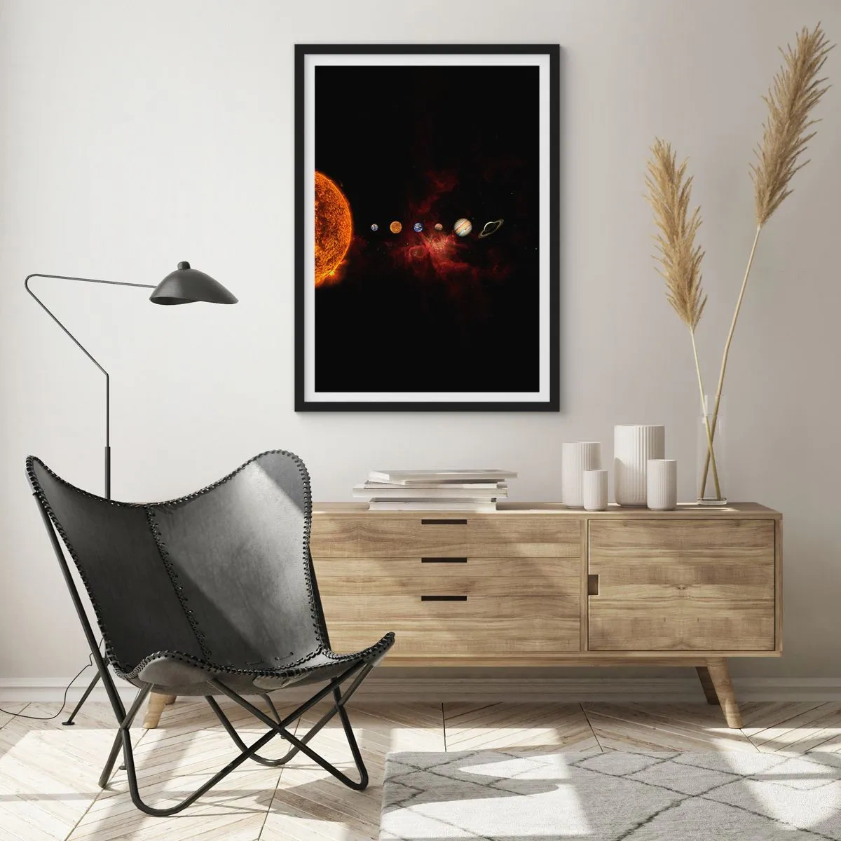 Poster in black frame - The Solar System with planets against the background of space - 50x70cm - Our Neighbourhood - Modern wall decoration for the living room and bedroom ARTTOR