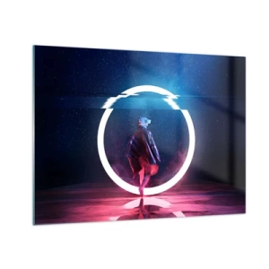 Glass picture - A figure in a futuristic setting with a neon ring - 70x50cm - Between Worlds - Modern wall decoration for the living room and bedroom ARTTOR