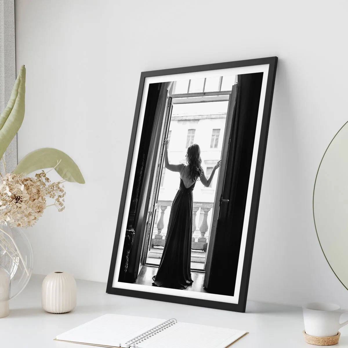Poster in black frame - A woman in a long dress standing on an open balcony - 50x70cm - In Great Style - Modern wall decoration for the living room and bedroom ARTTOR