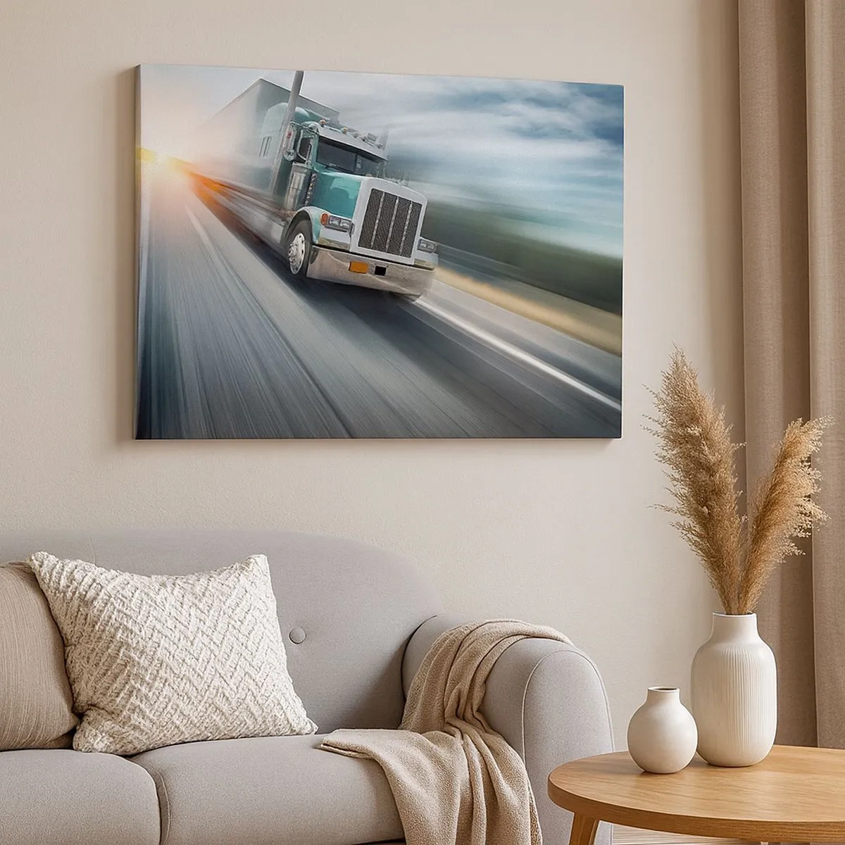 Canvas picture - A truck on the highway in motion at sunset - 70x50cm - American Giant in the Rush - Modern wall decoration for the living room and bedroom ARTTOR