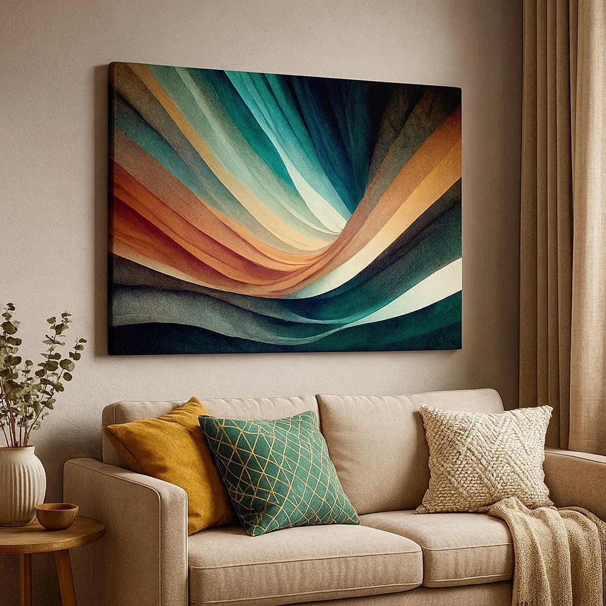 Canvas picture - Abstract waves in warm and cool shades - 70x50cm - Woven from Colours - Modern wall decoration for the living room and bedroom ARTTOR