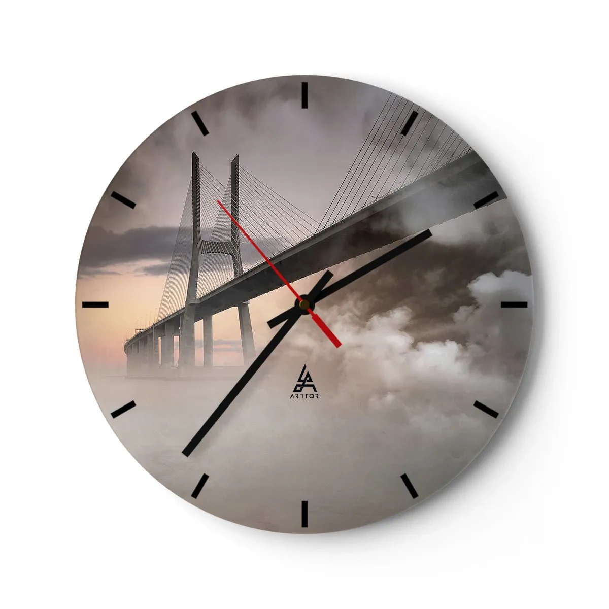 Wall clock - Clock on glass - A bridge in the morning fog with a soft light in the background - 30x30cm - By the River that Doesn't Exist - Modern wall decoration for the living room, kitchen, and bedroom ARTTOR