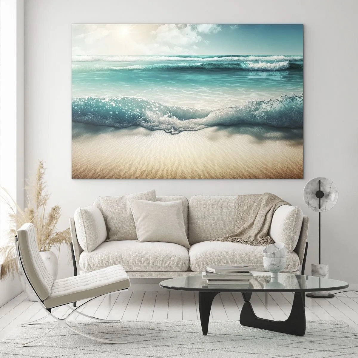 Glass picture - Turquoise ocean waves lapping against a sandy beach - 70x50cm - Calm of the Ocean - Modern wall decoration for the living room and bedroom ARTTOR