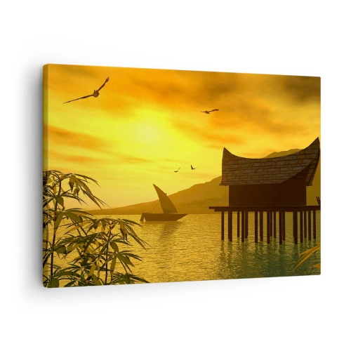 Canvas picture - Tropical sunset over water with wooden house on stilts. - 70x50cm - Long-Awaited Peace - Modern wall decoration for the living room and bedroom ARTTOR