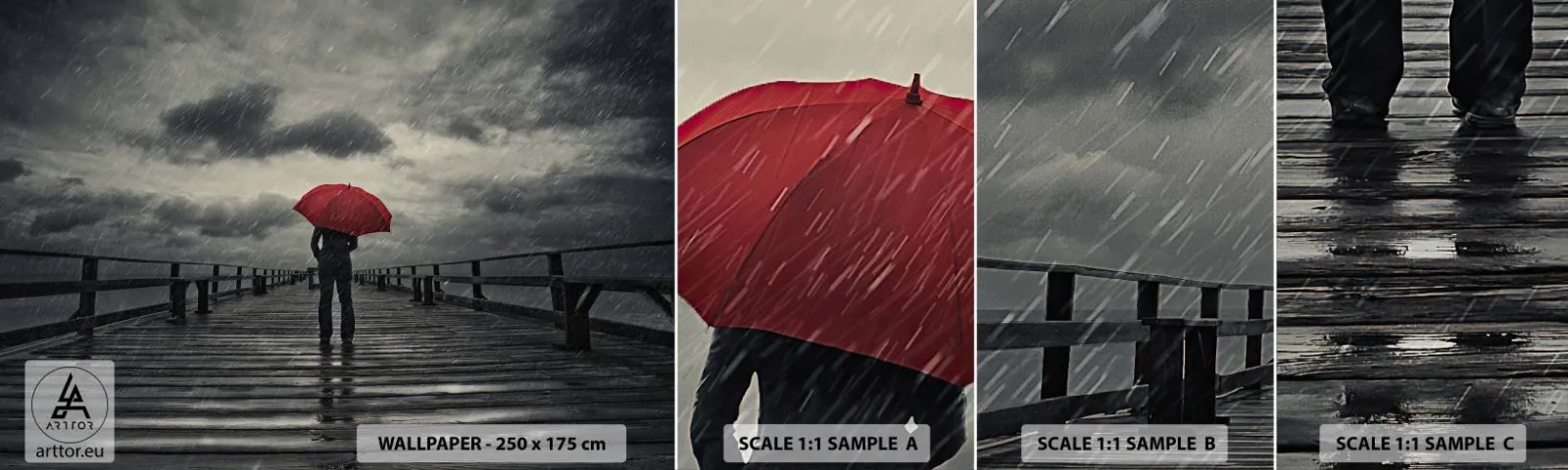 Photo Wallpaper Sample Standard Eco - Don't Mind the Rain - Wooden Pier, Sea, Walk in the rain - 100x30 cm