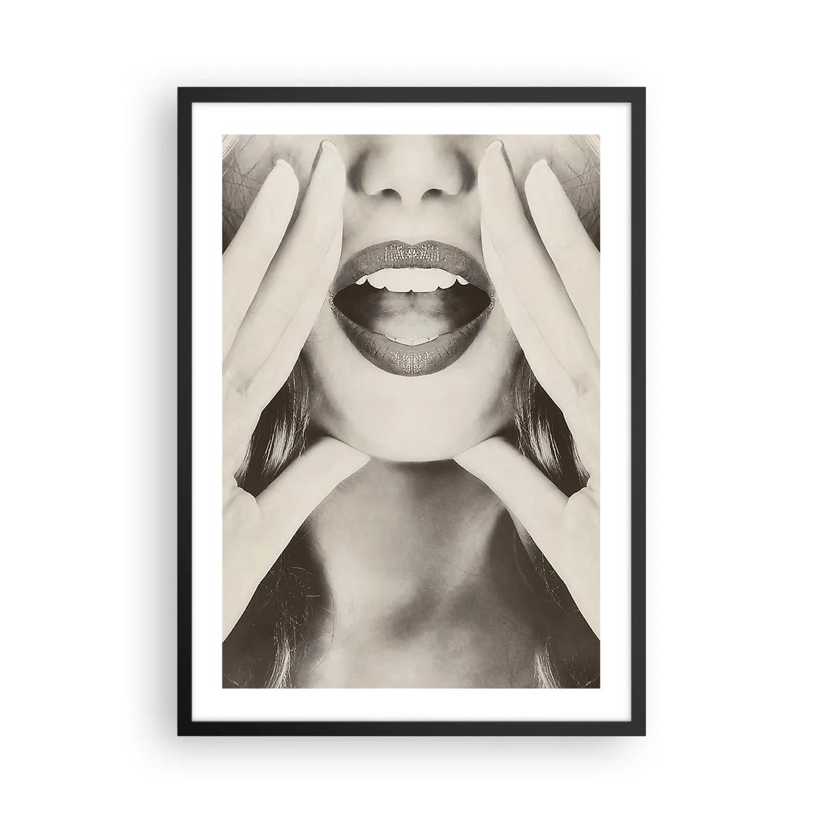 Poster in black frame - Artistic close-up of lips in monochrome style - 50x70cm - Coming! - Modern wall decoration for the living room and bedroom ARTTOR