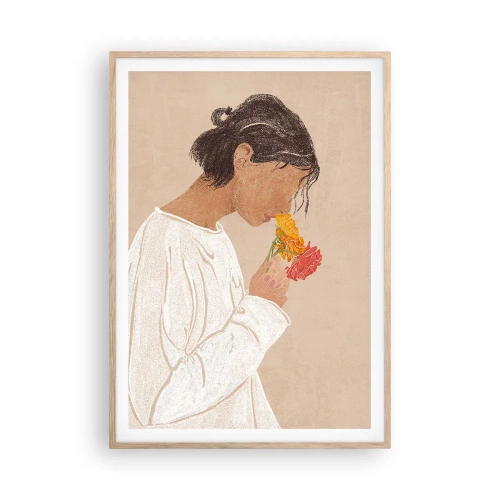 Poster in light oak frame - Girl and Flowers - 70x100 cm