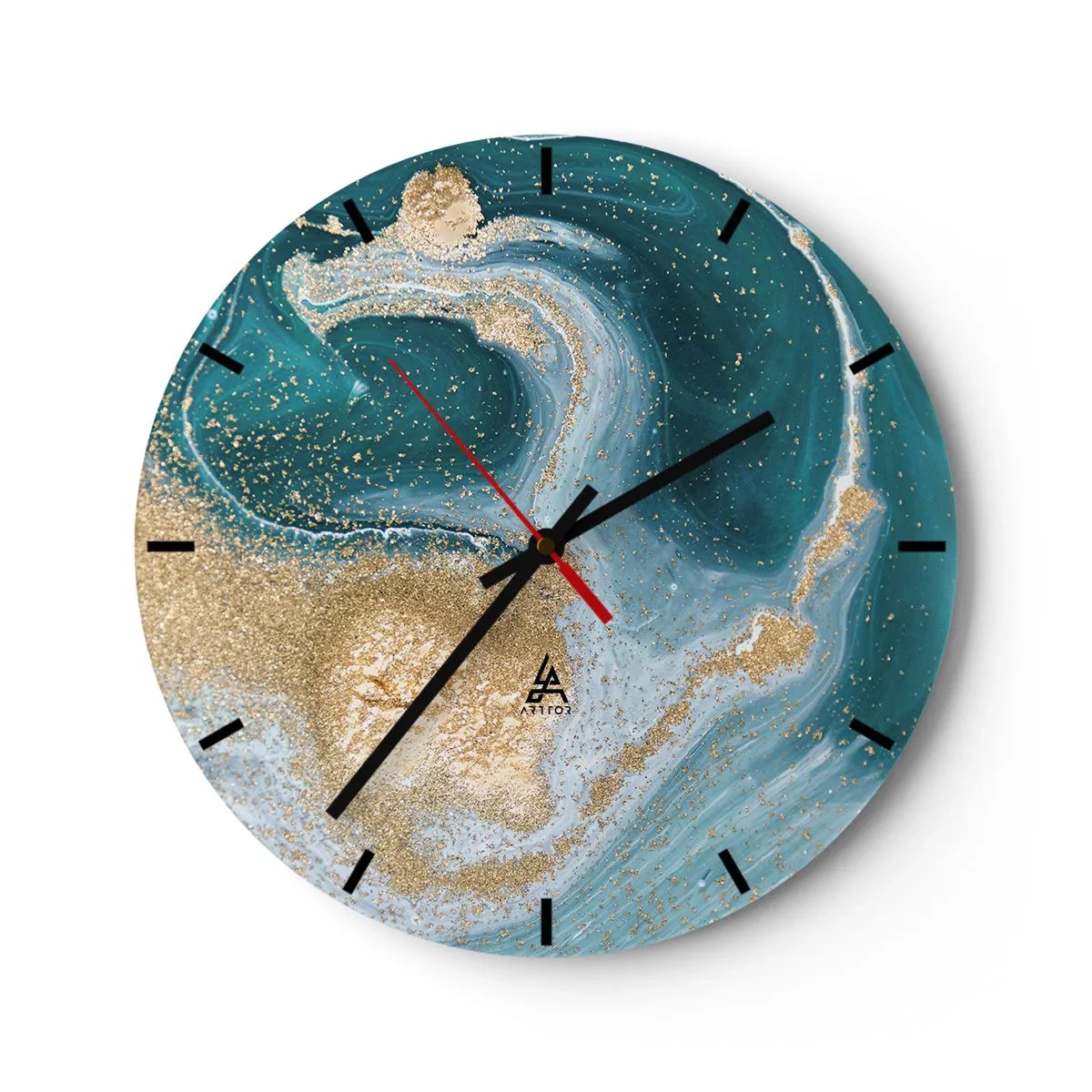 Wall clock - Clock on glass - Swirl of Gold and Turquiose - 40x40 cm