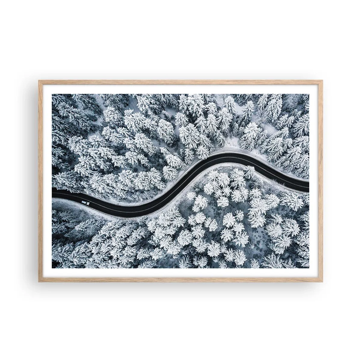 Poster in light oak frame - Through Wintery Forest - 100x70 cm