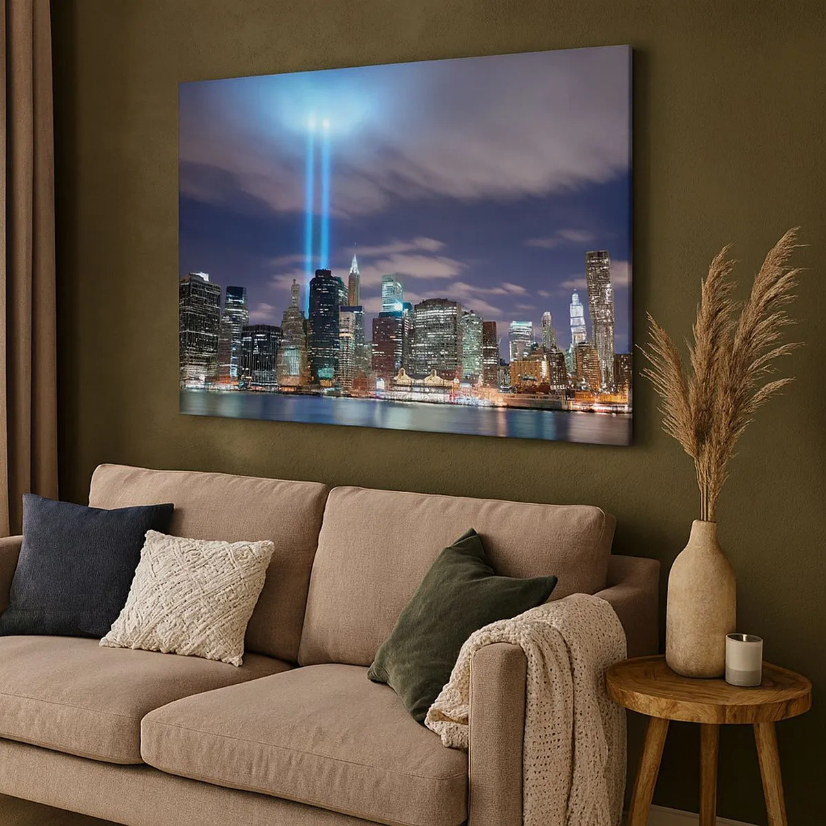 Canvas picture - Night city panorama with two bright beams of light in the sky - 70x50cm - Reaching Sky with Light - Modern wall decoration for the living room and bedroom ARTTOR