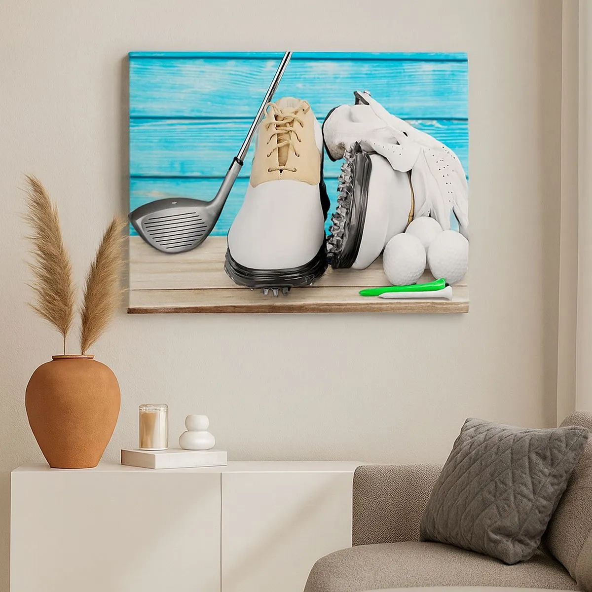 Canvas picture - set of golf accessories on a wooden background - 70x50cm - Everything Is Ready - Modern wall decoration for the living room and bedroom ARTTOR