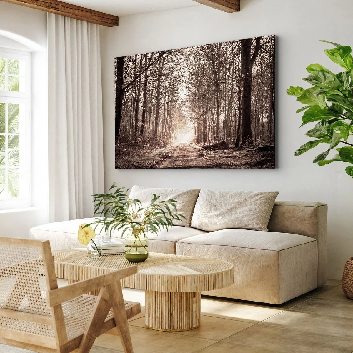 Canvas picture - A forest path among sepia-toned trees - 70x50cm - Cathedral of the Forest - Modern wall decoration for the living room and bedroom ARTTOR