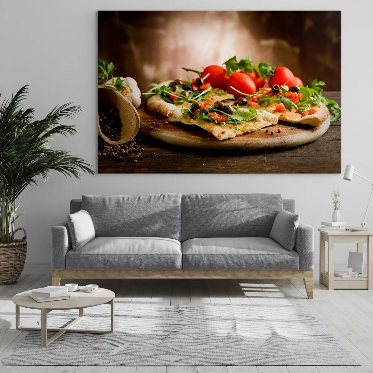 Glass picture - Pizza on a wooden board with rocket and tomatoes - 70x50cm - Straight from the Oven and Garden - Modern wall decoration for the living room and bedroom ARTTOR