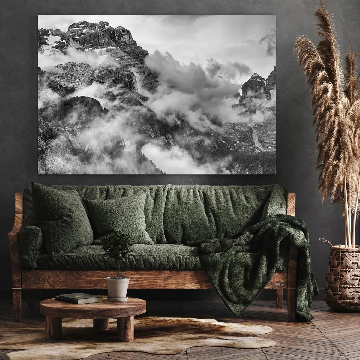 Canvas picture - Black and white view of mountains surrounded by clouds - 70x50cm - Beautiful and Cruel - Modern wall decoration for the living room and bedroom ARTTOR