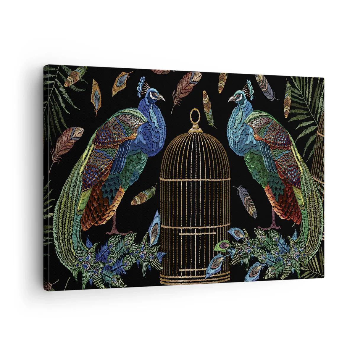 Canvas picture - Peacocks next to a golden cage on a black background - 70x50cm - In Royal Robes - Modern wall decoration for the living room and bedroom ARTTOR