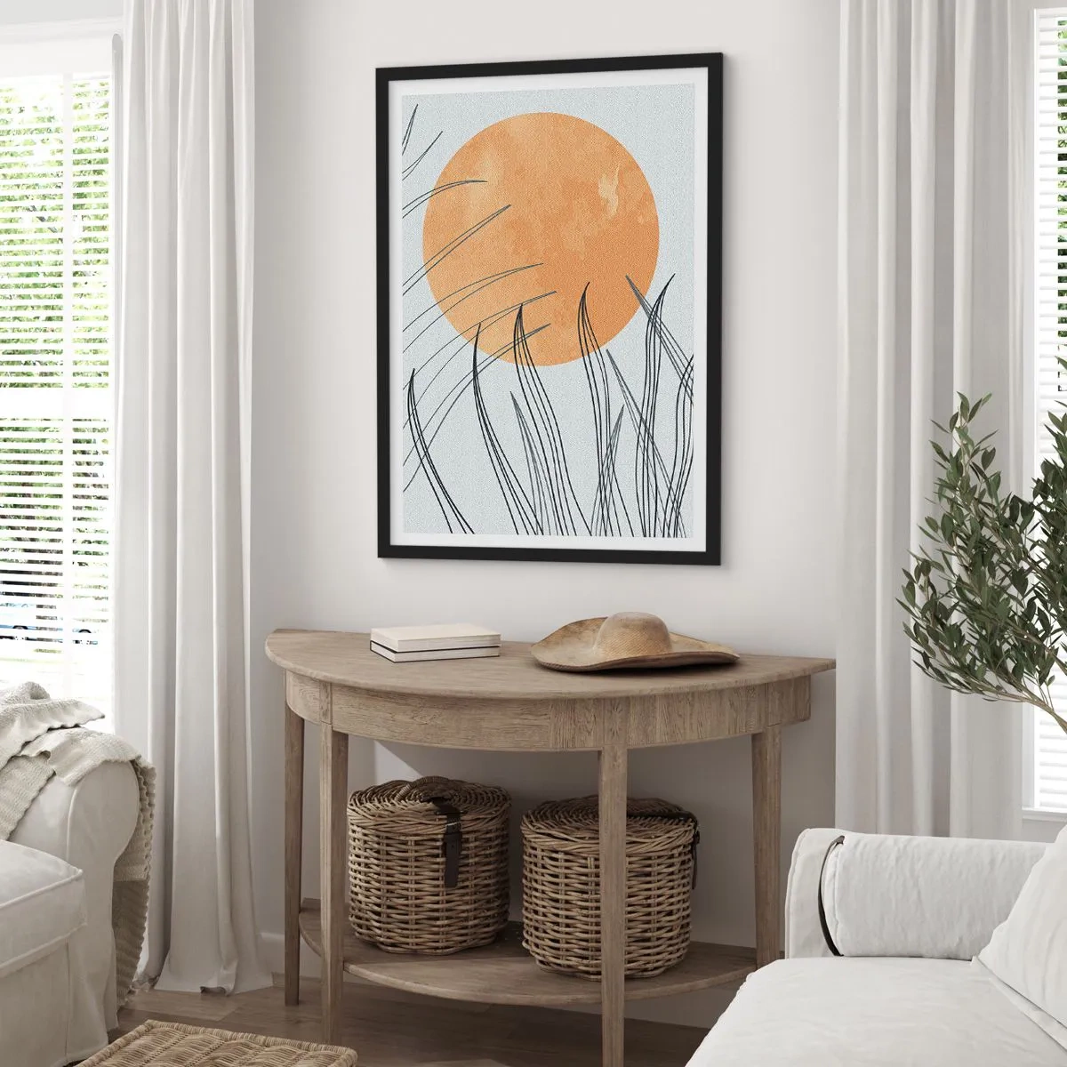 Poster in black frame - A minimalist composition with the moon and grass - 50x70cm - Always Towards the Sun - Modern wall decoration for the living room and bedroom ARTTOR
