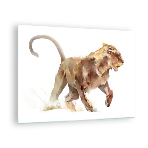 Glass picture - Dynamic silhouette of a lion in an artistic style on a white background - 70x50cm - Wild Grace - Modern wall decoration for the living room and bedroom ARTTOR