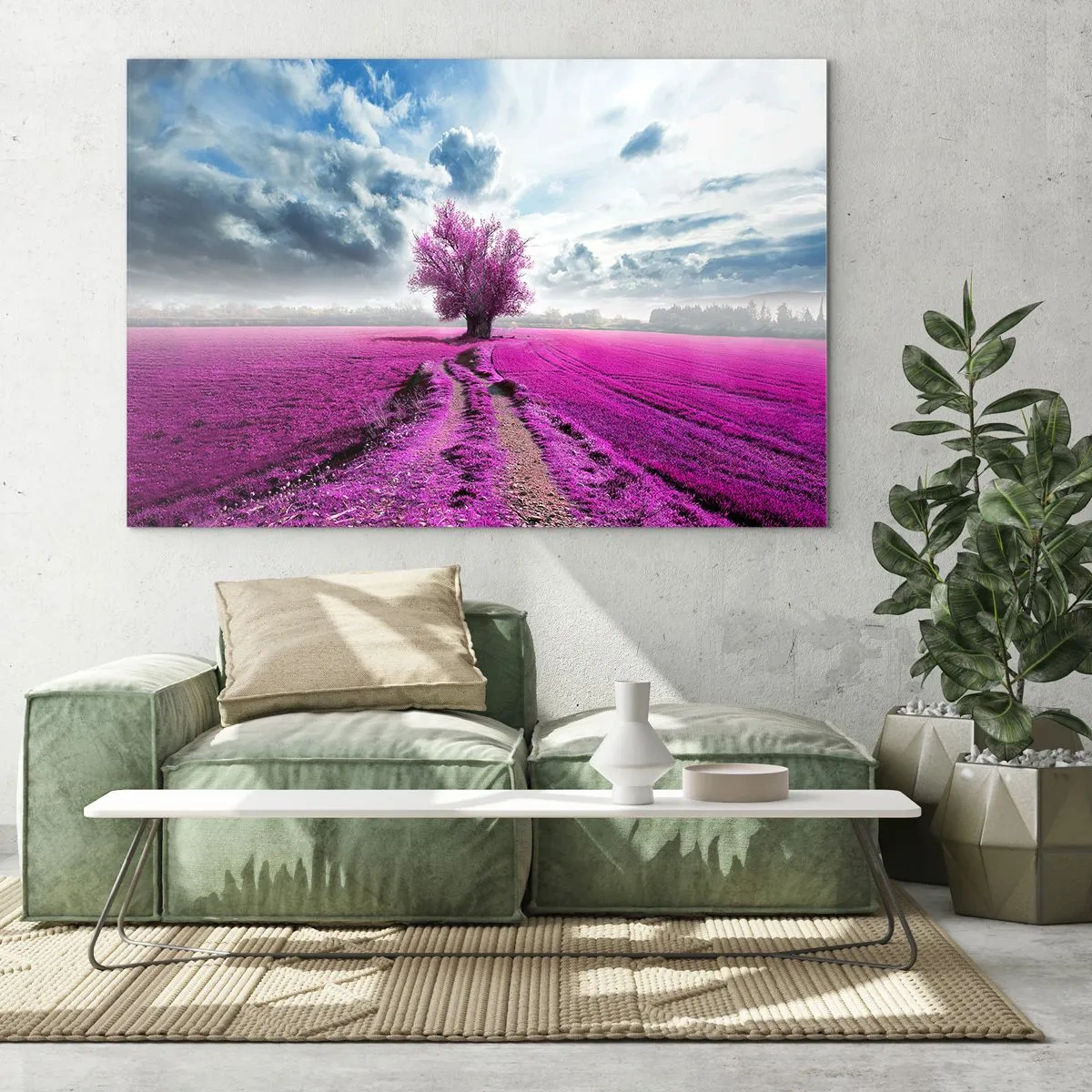 Glass picture - A tree in a heather field under a dynamic sky - 70x50cm - Heathland Charm - Modern wall decoration for the living room and bedroom ARTTOR