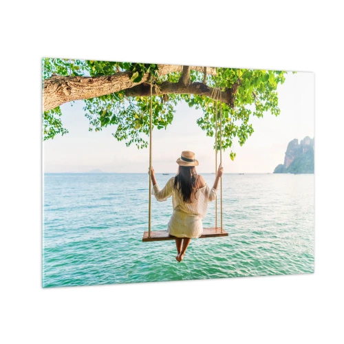 Glass picture - Woman on a swing by the sea in a tropical setting - 70x50cm - Life Is Beautiful - Modern wall decoration for the living room and bedroom ARTTOR