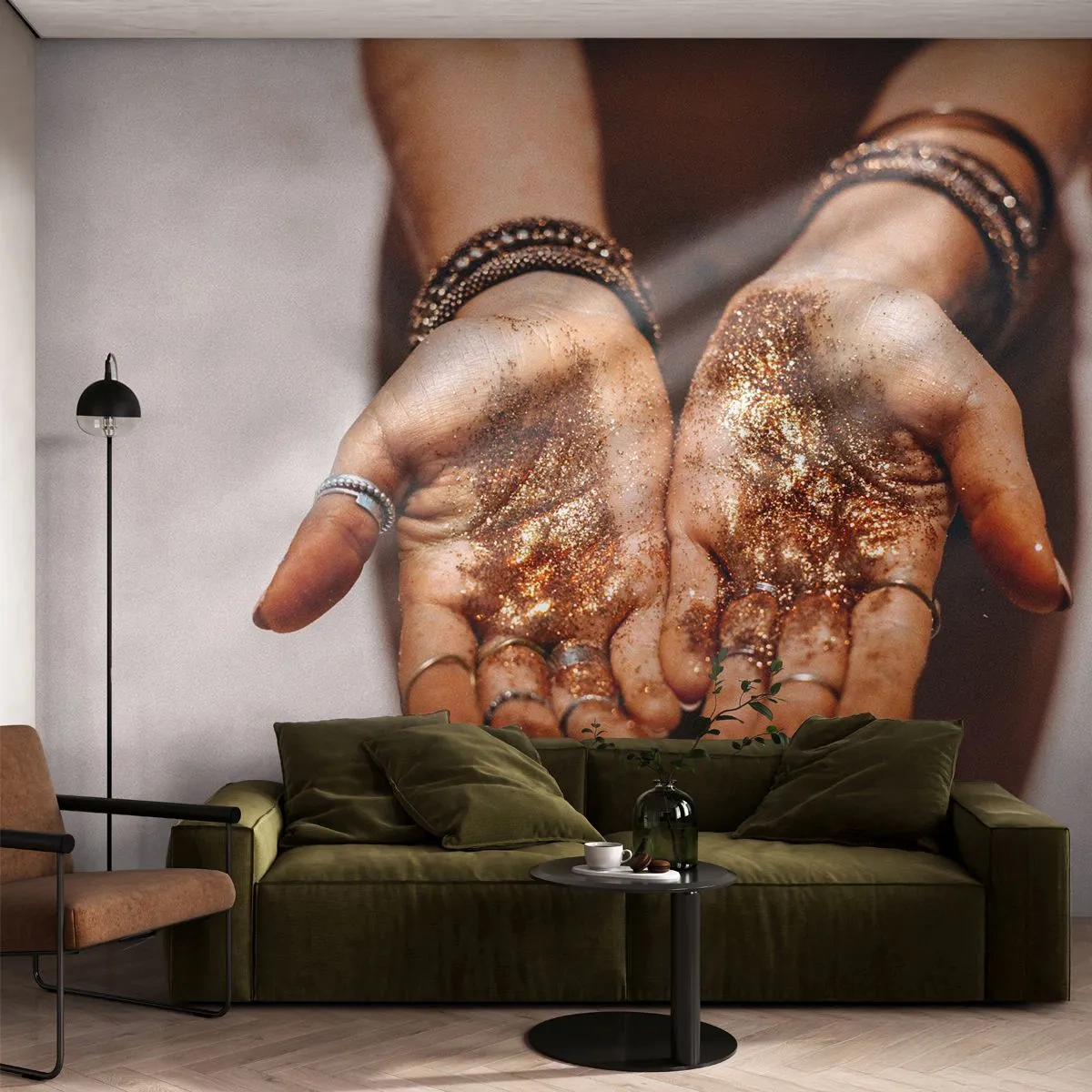 Photo Wallpaper Premium Canvas - Gift for You - Women's Hands, Boho, Gold - 350x256 cm