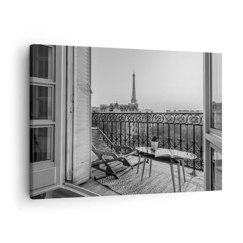 Canvas picture - View of the Eiffel Tower from the balcony with deckchairs and a table - 70x50cm - Parisian Afternoon - Modern wall decoration for the living room and bedroom ARTTOR
