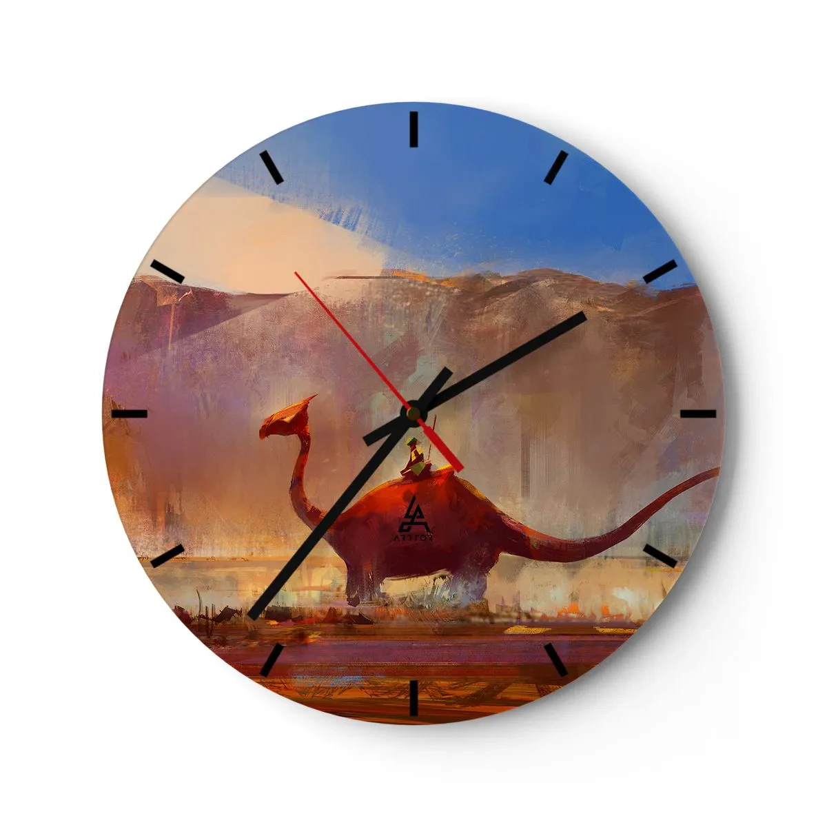 Wall clock - Clock on glass - A fantastic landscape with a dinosaur against the backdrop of mountains - 30x30cm - If They Hadn't Gone Extinct - Modern wall decoration for the living room, kitchen, and bedroom ARTTOR