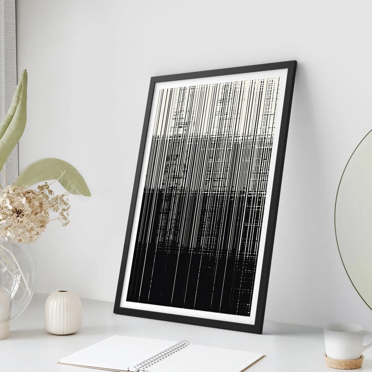 Poster in black frame - Abstract composition of black lines on a white background - 50x70cm - Waves and Vibrations - Modern wall decoration for the living room and bedroom ARTTOR