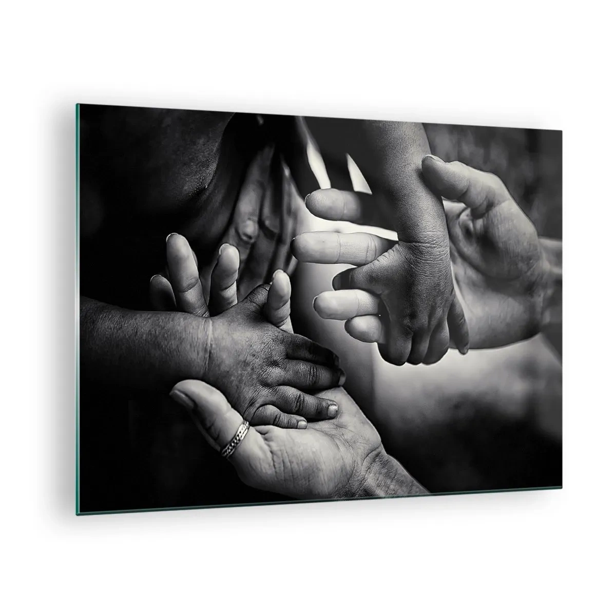 Glass picture - Symbolic black and white handshake of different generations - 70x50cm - To be a Man - Modern wall decoration for the living room and bedroom ARTTOR