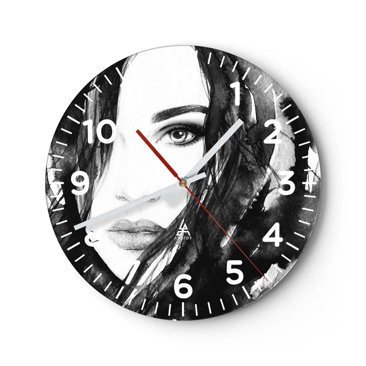 Wall clock - Clock on glass - Portriat of a Lady in Black and White - 30x30 cm