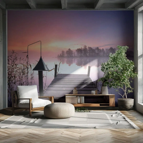 Photo Wallpaper Standard Eco - Out from a Lilac Fog… - Landscape, Sunrise, Lake - 450x315 cm