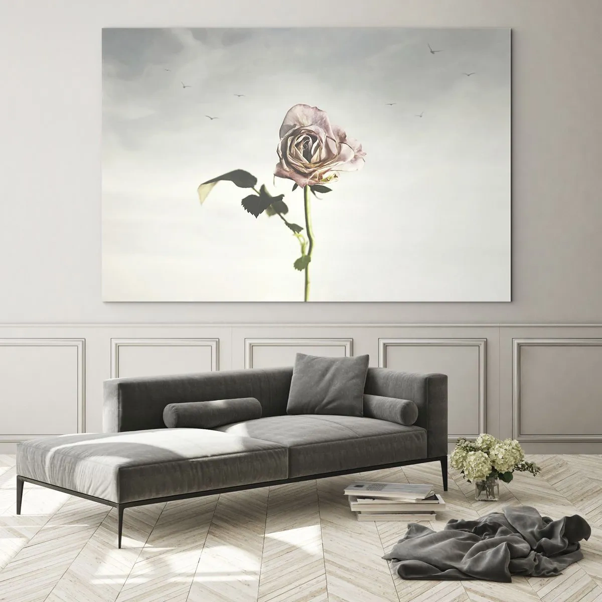 Glass picture - A delicate rose against the sky with flying birds - 70x50cm - Welcoming of Spring - Modern wall decoration for the living room and bedroom ARTTOR