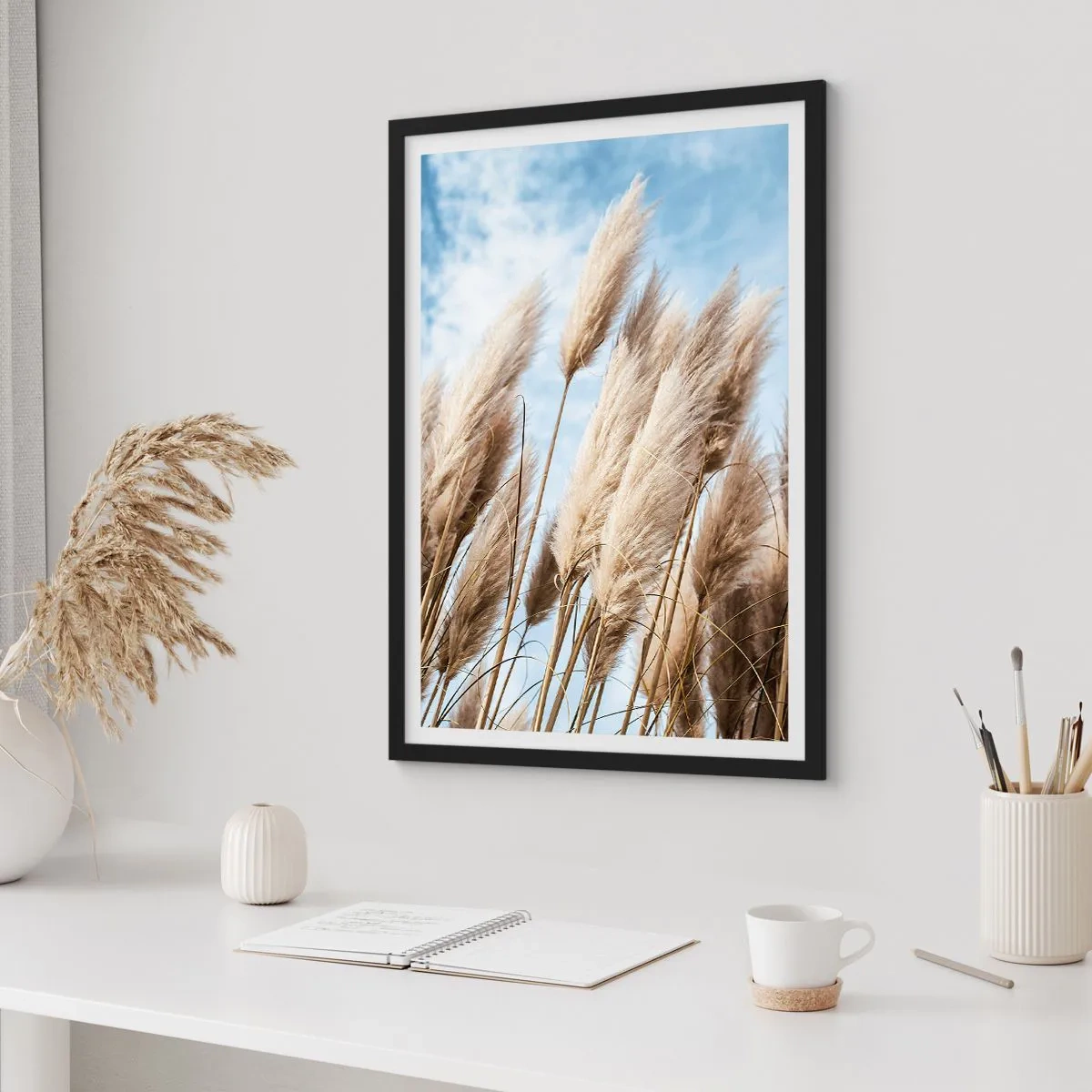 Poster in black frame - Pampas grass against the sky - 50x70cm - Caress of Sun and Wind - Modern wall decoration for the living room and bedroom ARTTOR
