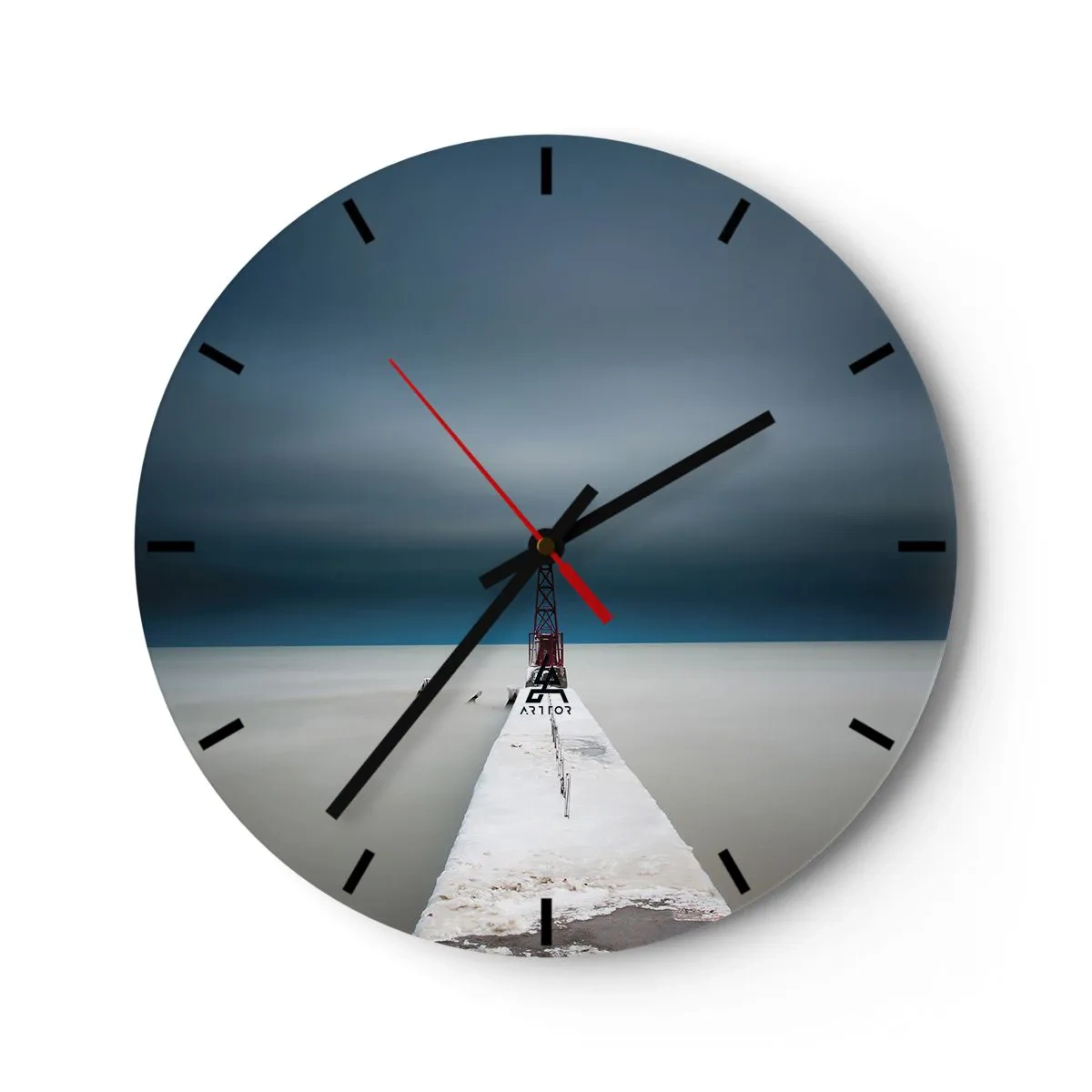 Wall clock - Clock on glass - A minimalist bridge leading to the lighthouse against the sea - 30x30cm - Encounter with Infinity - Modern wall decoration for the living room, kitchen, and bedroom ARTTOR