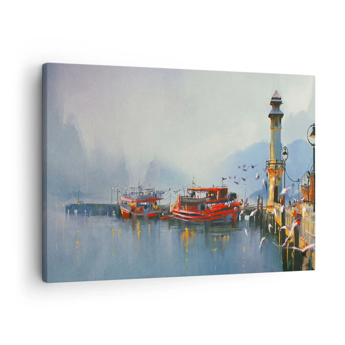Canvas picture - A port with red boats surrounded by a misty landscape - 70x50cm - At the End of the World - Modern wall decoration for the living room and bedroom ARTTOR