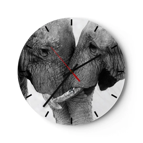 Wall clock - Clock on glass - Two elephants with their trunks intertwined in a tender gesture - 30x30cm - Hearty Confession - Modern wall decoration for the living room, kitchen, and bedroom ARTTOR