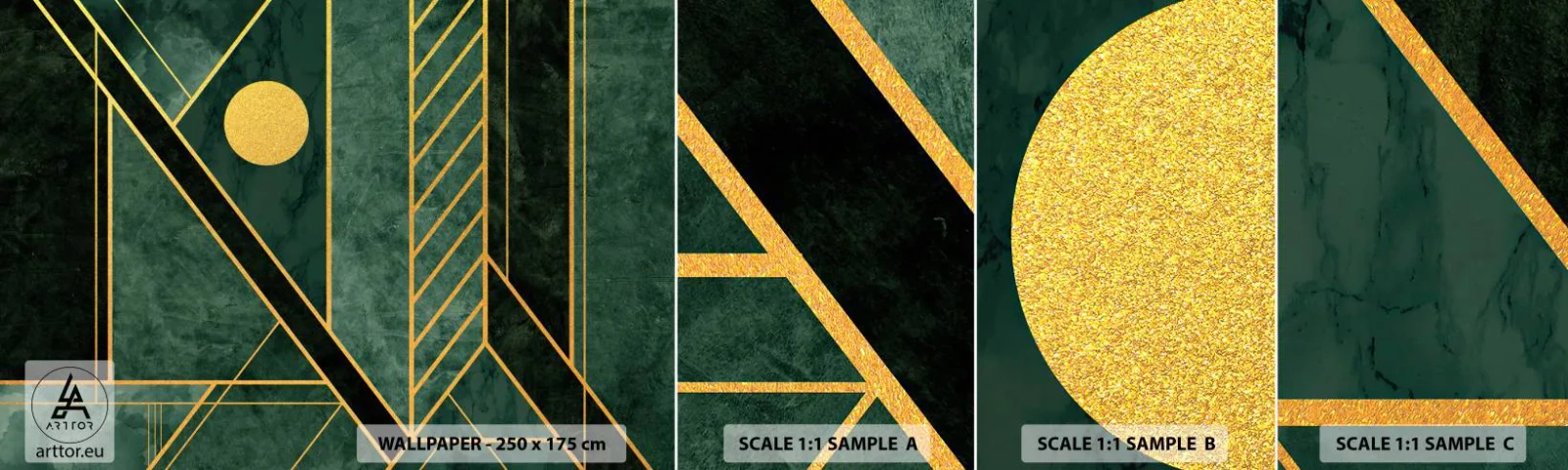 Photo Wallpaper Sample Standard Eco - Dynamics of Gold and Azure - Abstraction, Piece, Geometric Pattern - 100x30 cm